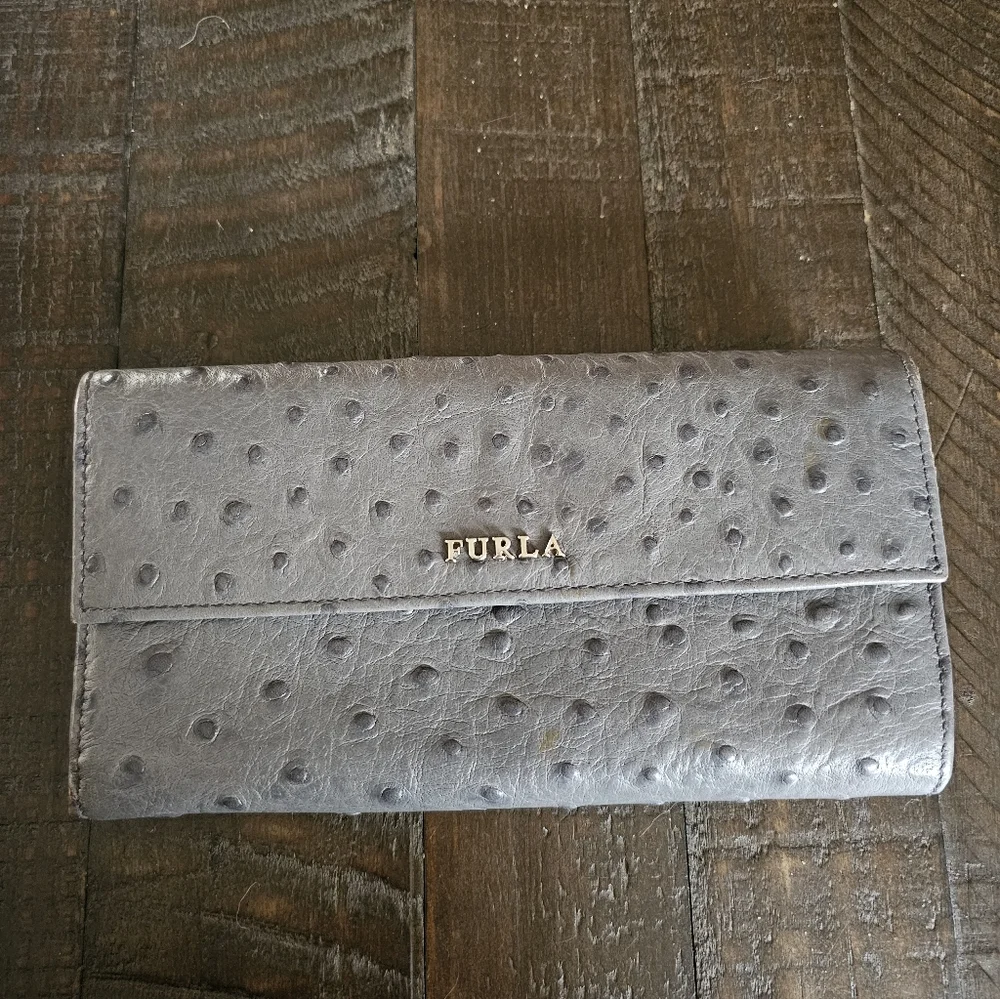 Furla Gray Ostrich Embossed Continental Quiet‎ Luxury Wallet